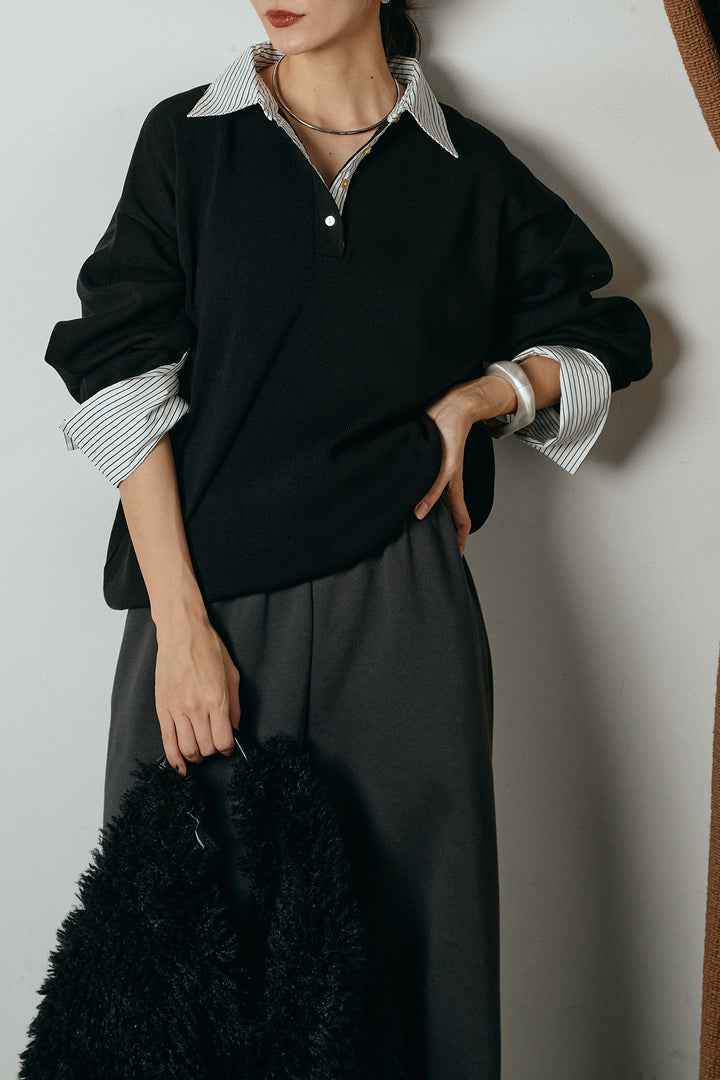 [SET]ストライプシャツドッキングポロトップス+裏起毛スウェットワイドパンツ(2set)