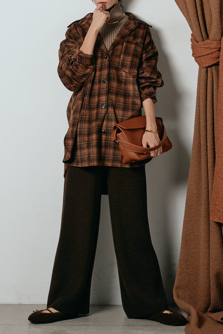 [SET]シャギーチェックシャツジャケット+ワイドリブニットイージーパンツ+リブニットシームレスタートルプルオーバー(3set)