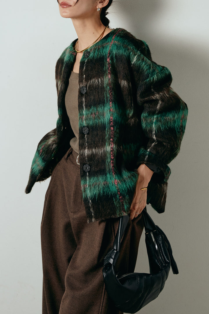 [SET]ノーカラーシャギーチェックアウター+ポーチベルト付きカーブパンツ(2set)