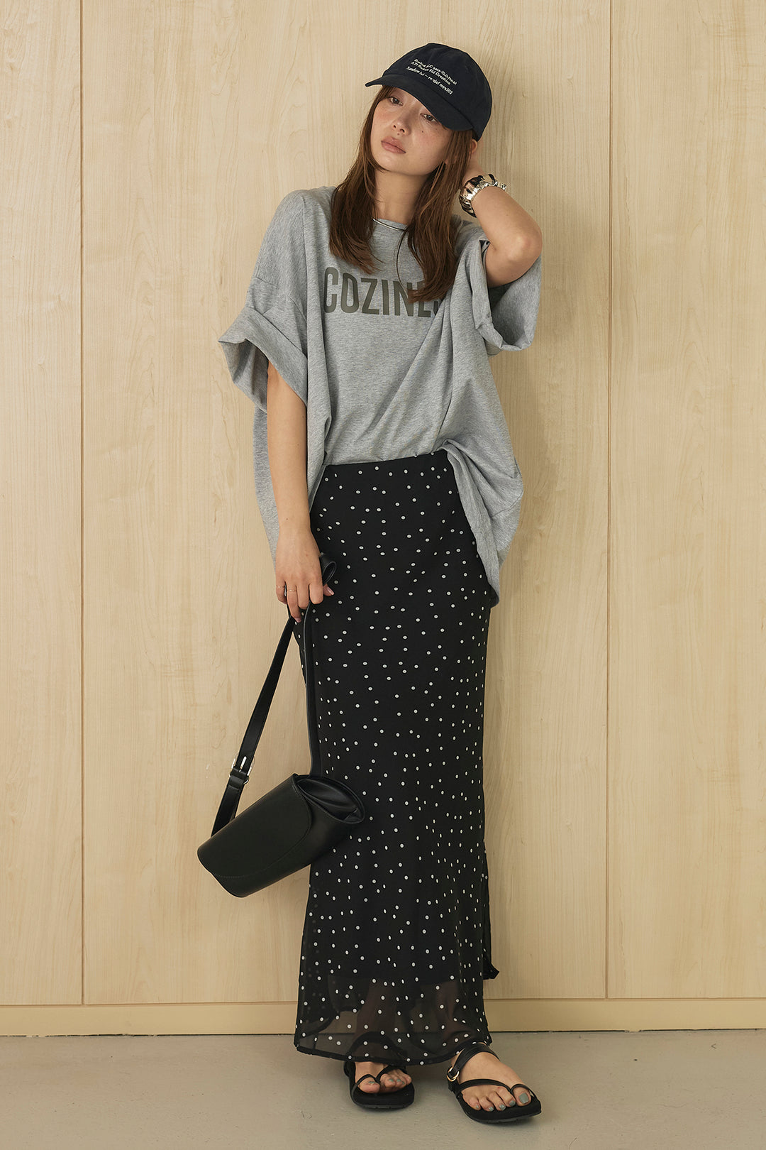 [SET]プリントロゴチュニックTシャツ+ドットサテンナロースカート(2set)