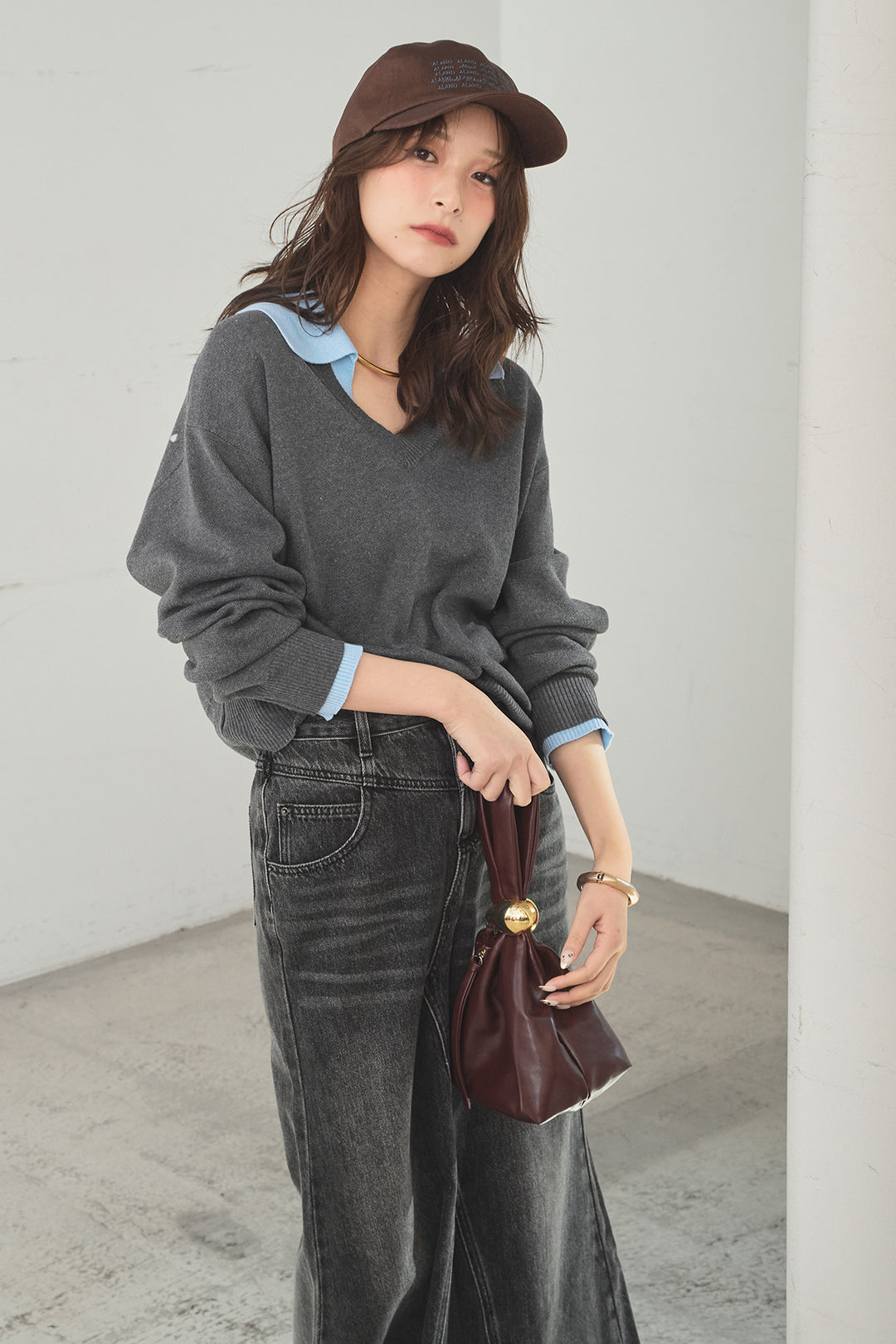 [SET]バイカラーニットレイヤード風プルオーバー+Aラインデニムスカート(2set)