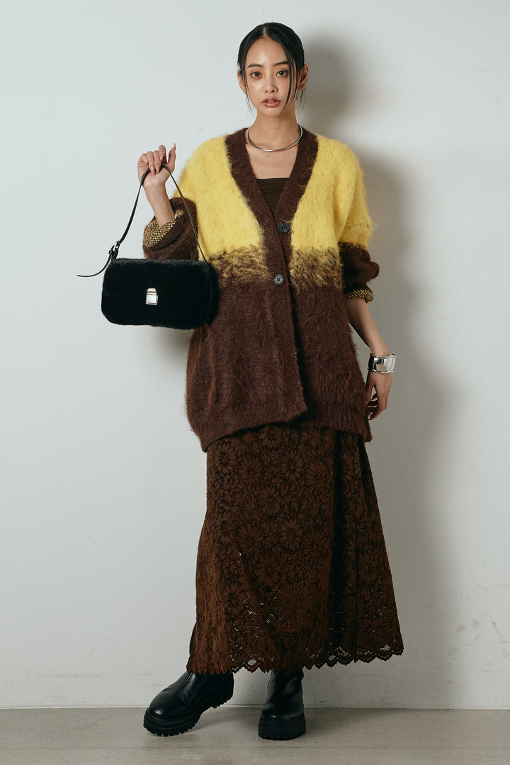 [SET]起毛グラデーションニットカーディガン+花柄刺繍ベロアフレアスカート(2set)