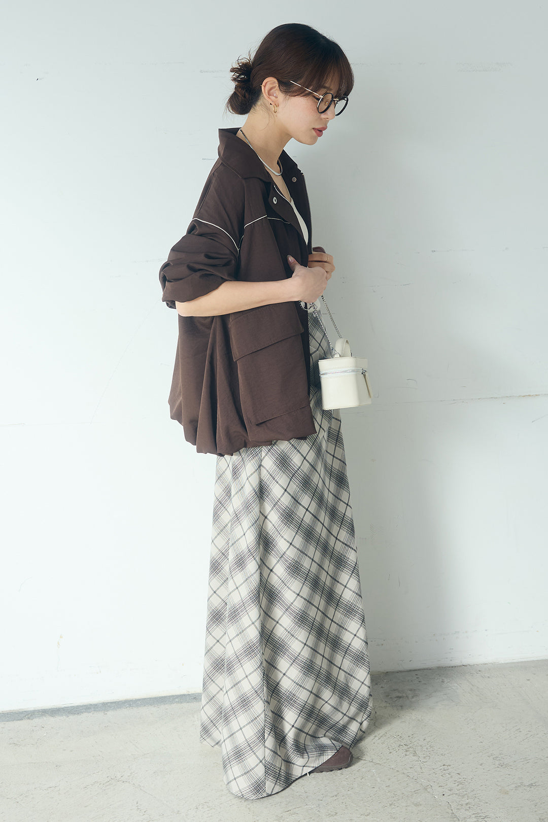 [SET]合繊ツイルバルーンジャケット+タータンチェック柄フロントデザインスカート(2set)