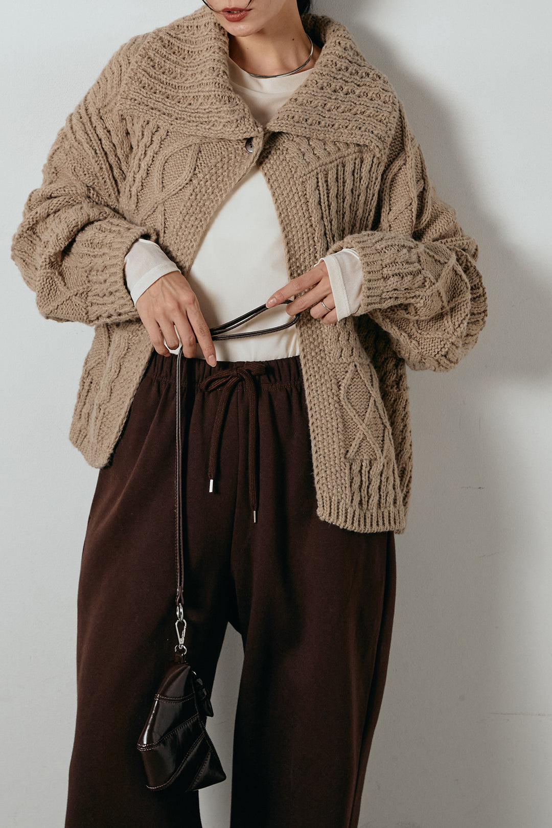 [SET]ビッグカラーケーブル編みニットトップス+2WAY袖コード刺繍クルーネックプルオーバー+裏起毛スウェットワイドパンツ(3set)