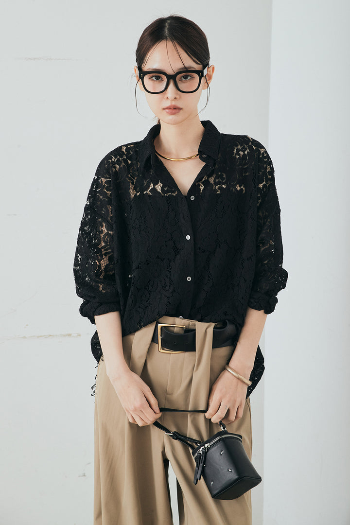 [SET]レース裾スカラップシャツ+ベルトループデザインハイウエストタックパンツ(2set)