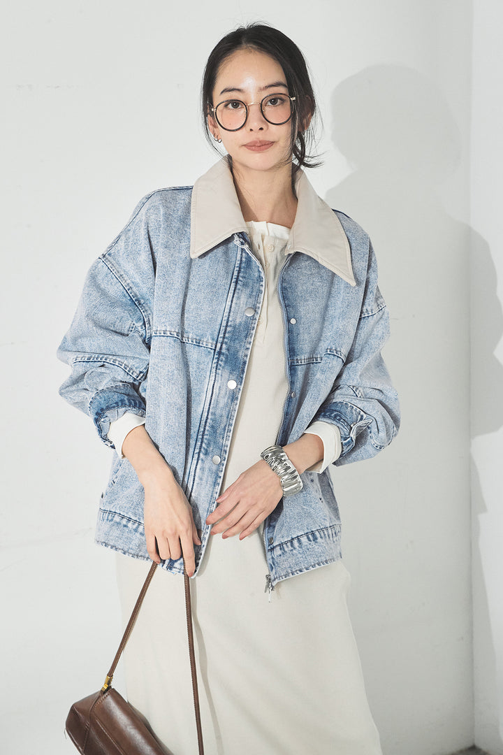 [SET]加工デニムレザー襟付きデニムブルゾン+カットリブレイヤードヘンリーネックワンピース(2set)