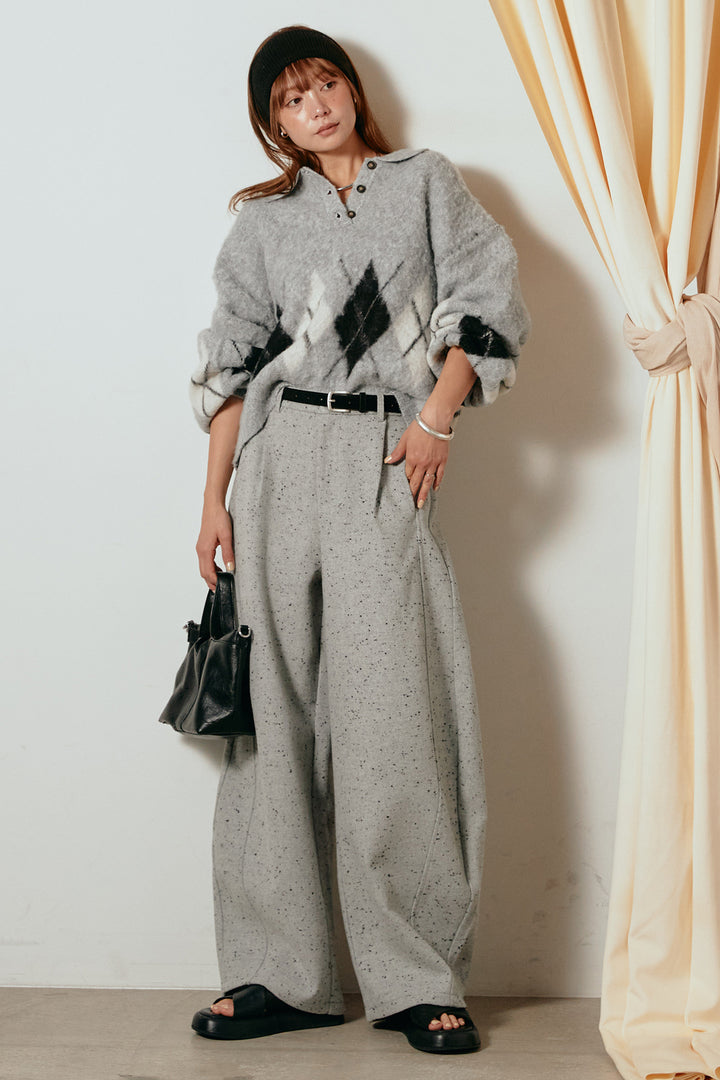 [SET]アーガイル柄ポロニットトップス+ベルト付きネップツイードカーブパンツ(2set)