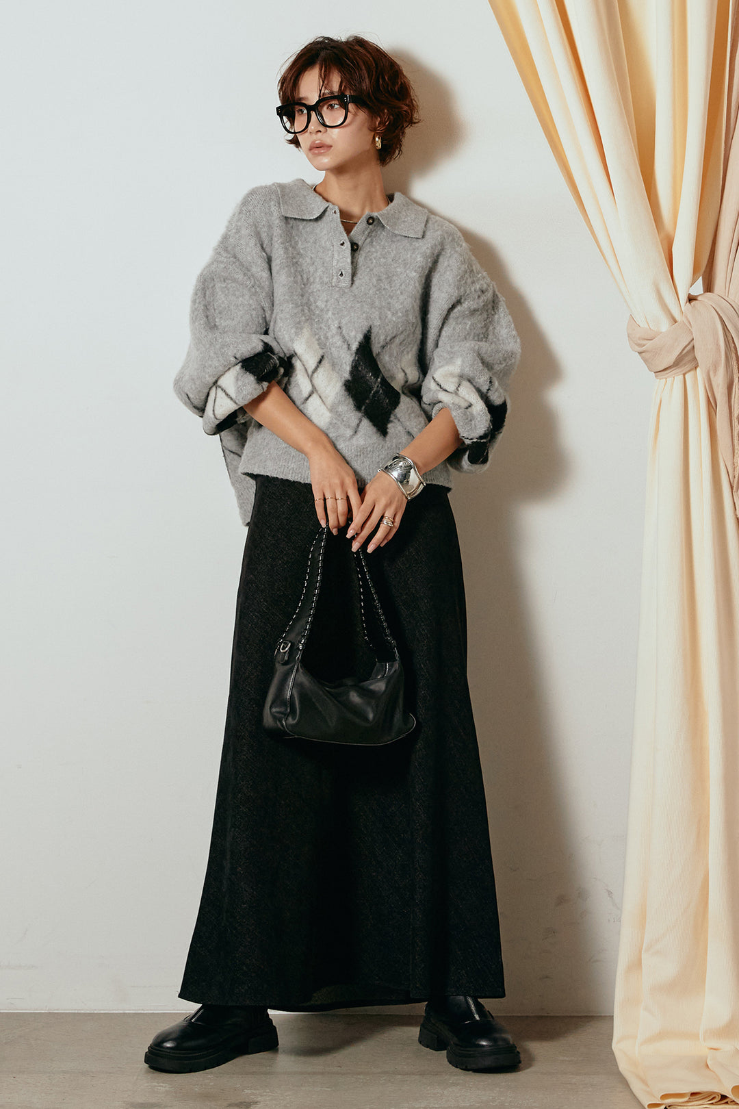 [SET]アーガイル柄ポロニットトップス+スウェードライクロングスカート(2set)