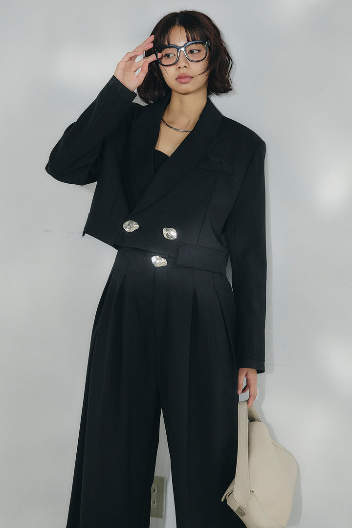 [SET]メタルプレートショート丈ジャケット+メタルプレートタックワイドパンツ(2set)