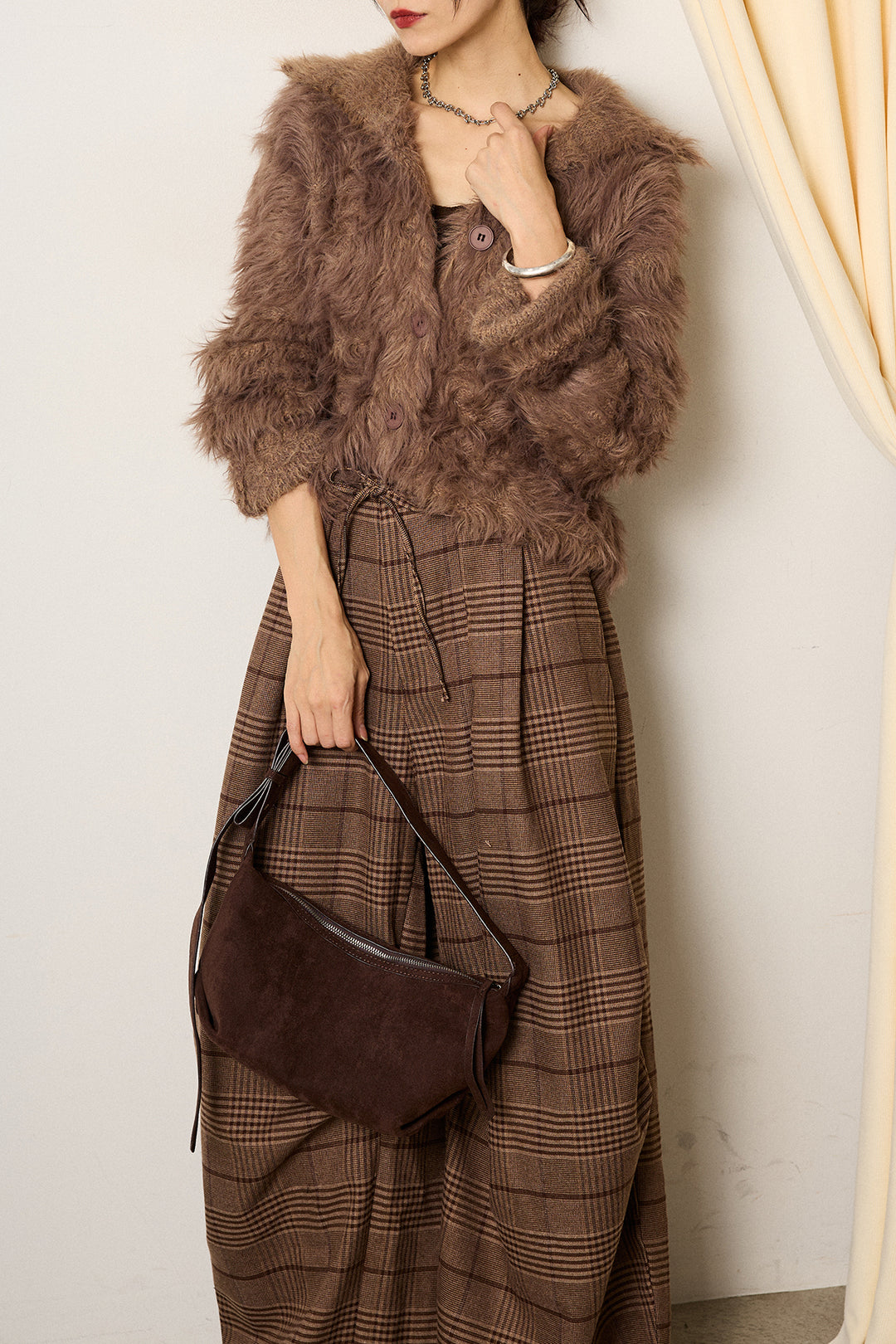 [SET]襟付きシャギーニットカーディガン+グレンチェックルーズタックパンツ(2set)