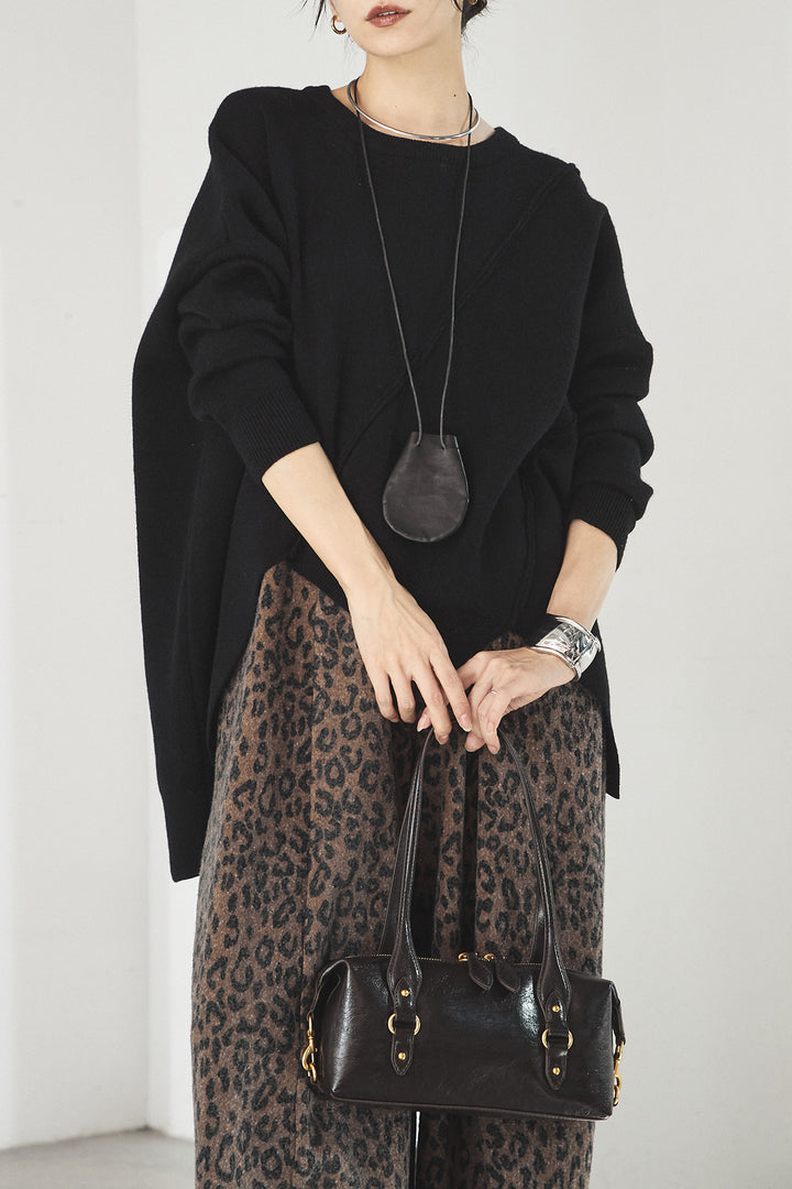 [SET]アシンメトリーデザインニットトップス+リラックスレオパード柄ワイドパンツ(2set)
