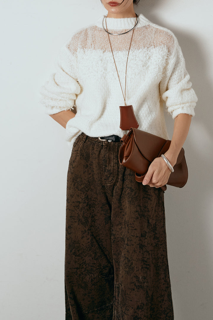 [SET]パターンランダム編みニットトップス+ベルト付きニュアンス柄カーブワイドパンツ(2set)