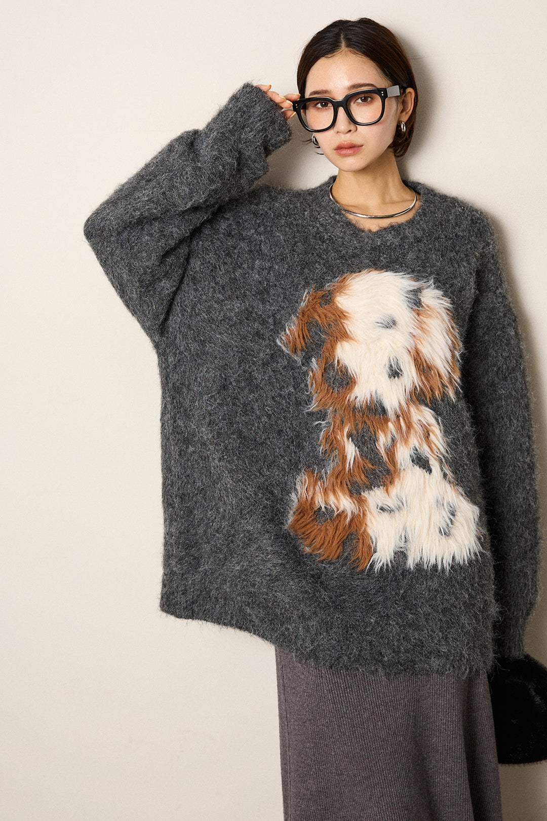 [SET]シャギーニュアンスアニマルニット+リブナローニットスカート(2set)