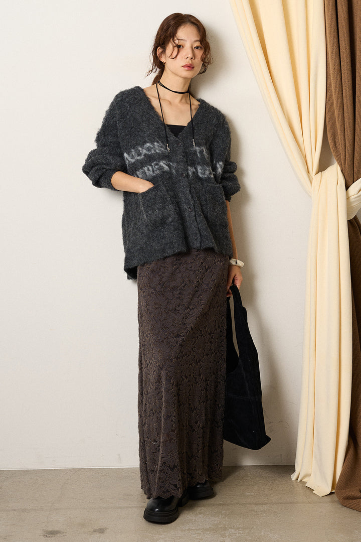 [SET]ウール混透かしロゴニットカーディガン+花柄刺繍ベロアフレアスカート(2set)