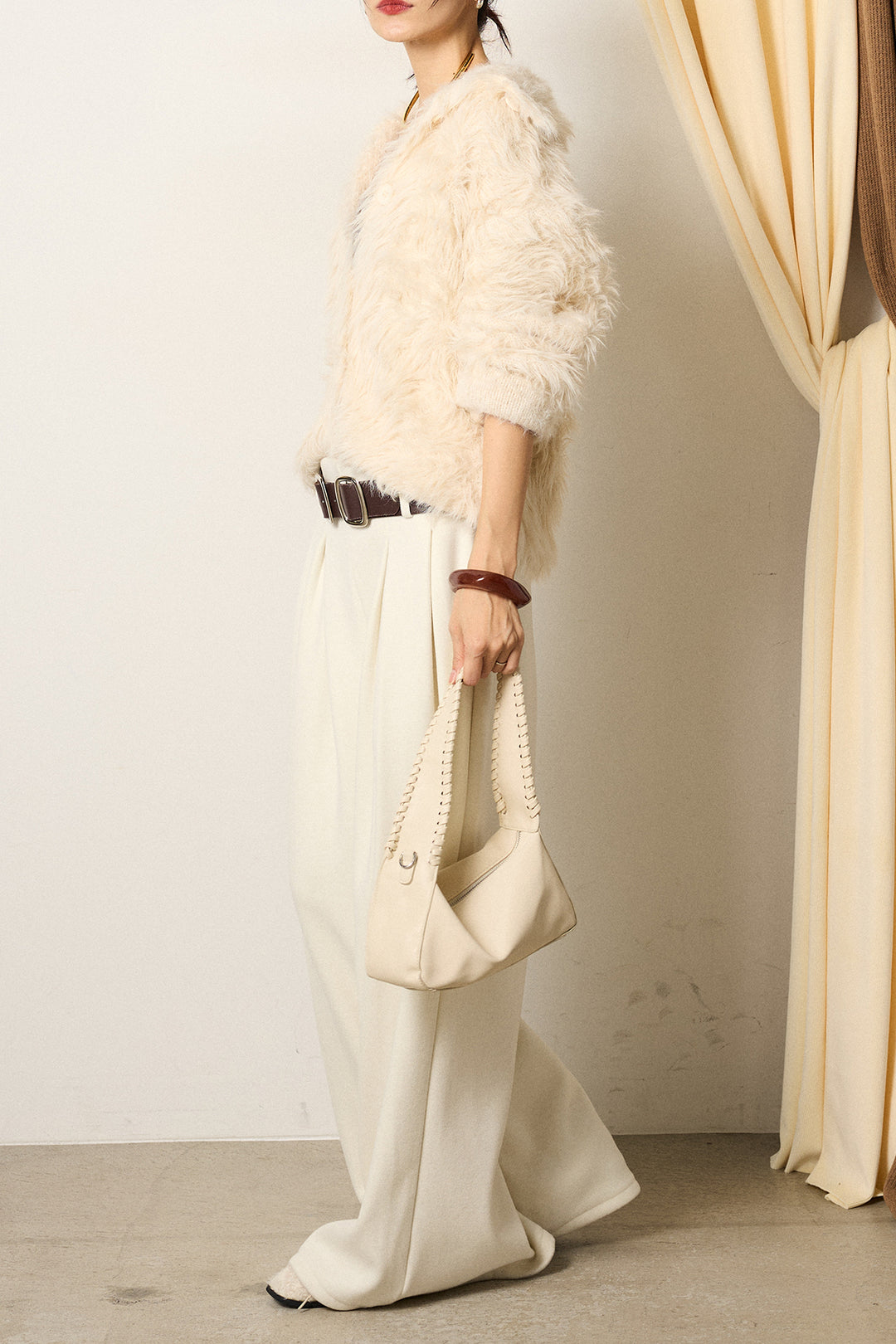 [SET]襟付きシャギーニットカーディガン+フェイクレザー太ベルト付きタックワイドパンツ(2set)