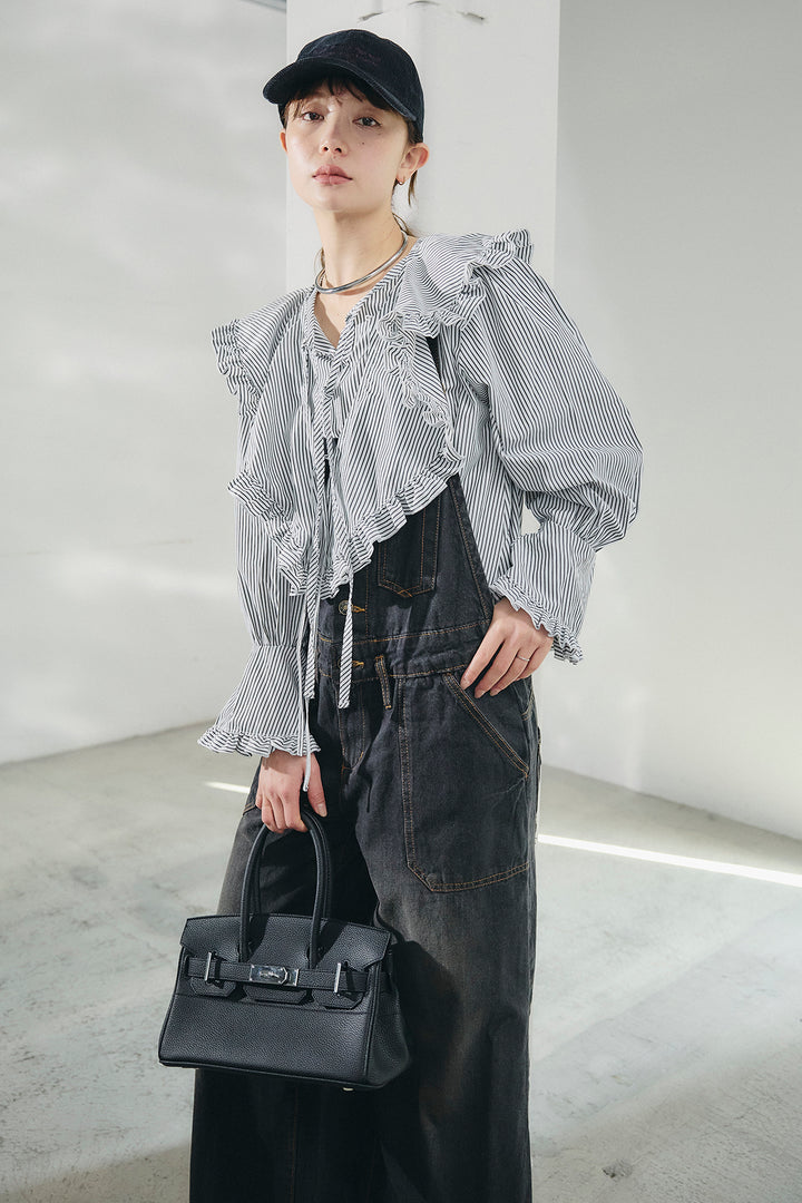 [SET]コットンフリルブラウス+デニムサロペットワイドパンツ(2set)