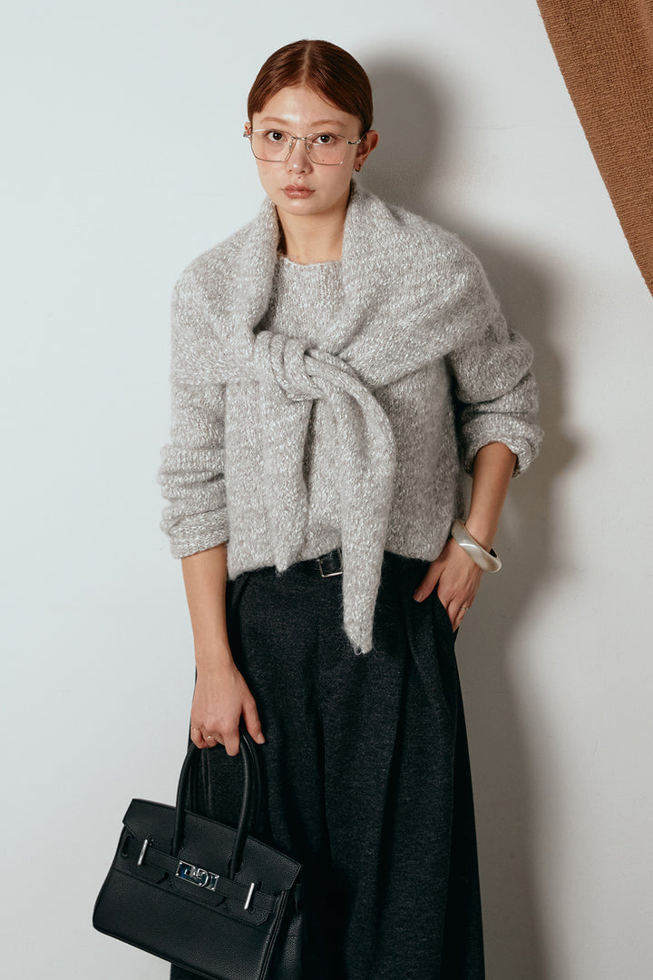 [SET]スカーフ付きミックスニットトップス+細ベルト付き起毛タックワイドパンツ(2set)