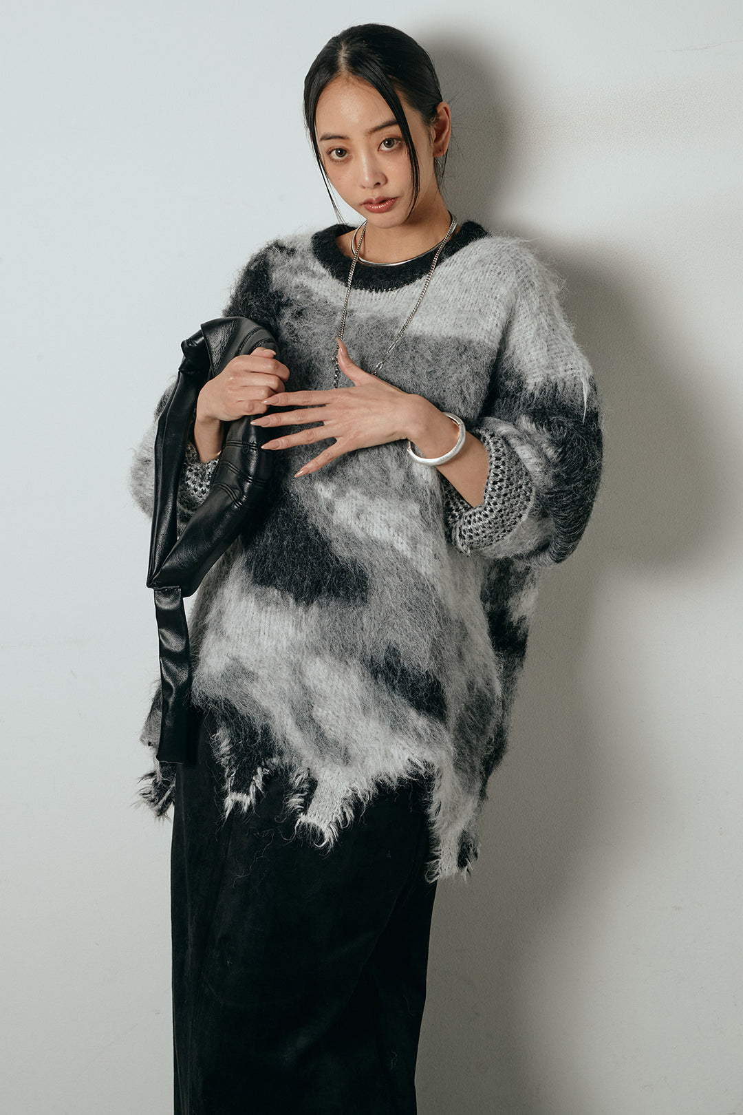 [SET]起毛裾デザインニュアンス柄ニットトップス+エコスウェードワイドスカート(2set)