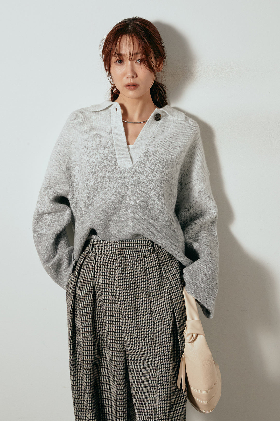 [SET]グラデーションラメニットキーネックプルオーバー+ガンクラブチェックタックパンツ(2set)