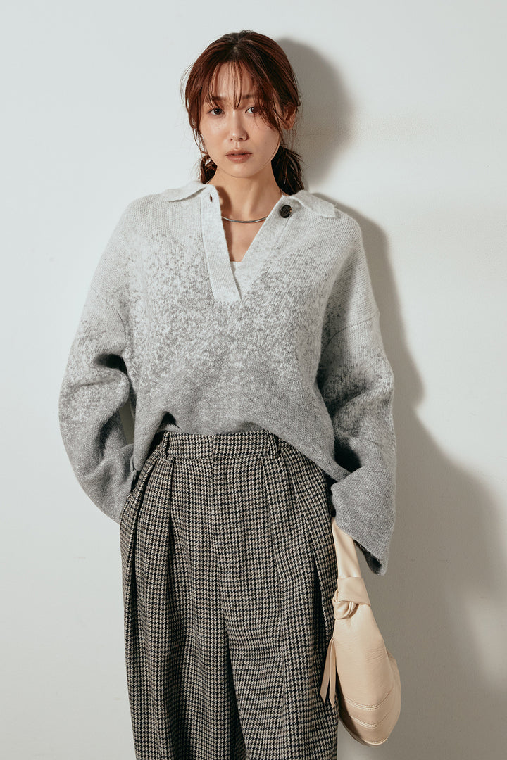 [SET]グラデーションラメニットキーネックプルオーバー+ガンクラブチェックタックパンツ(2set)