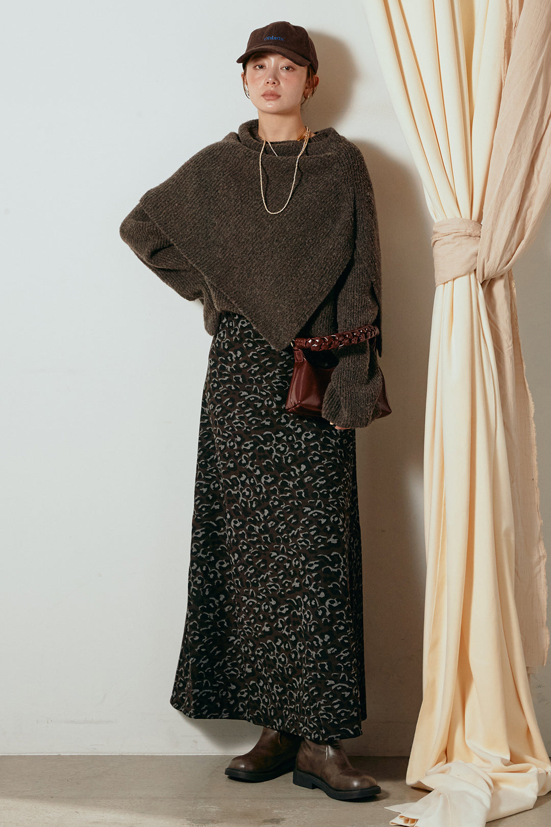 [SET]ケープデザインリブニットトップス+レオパードロングスカート(2set)