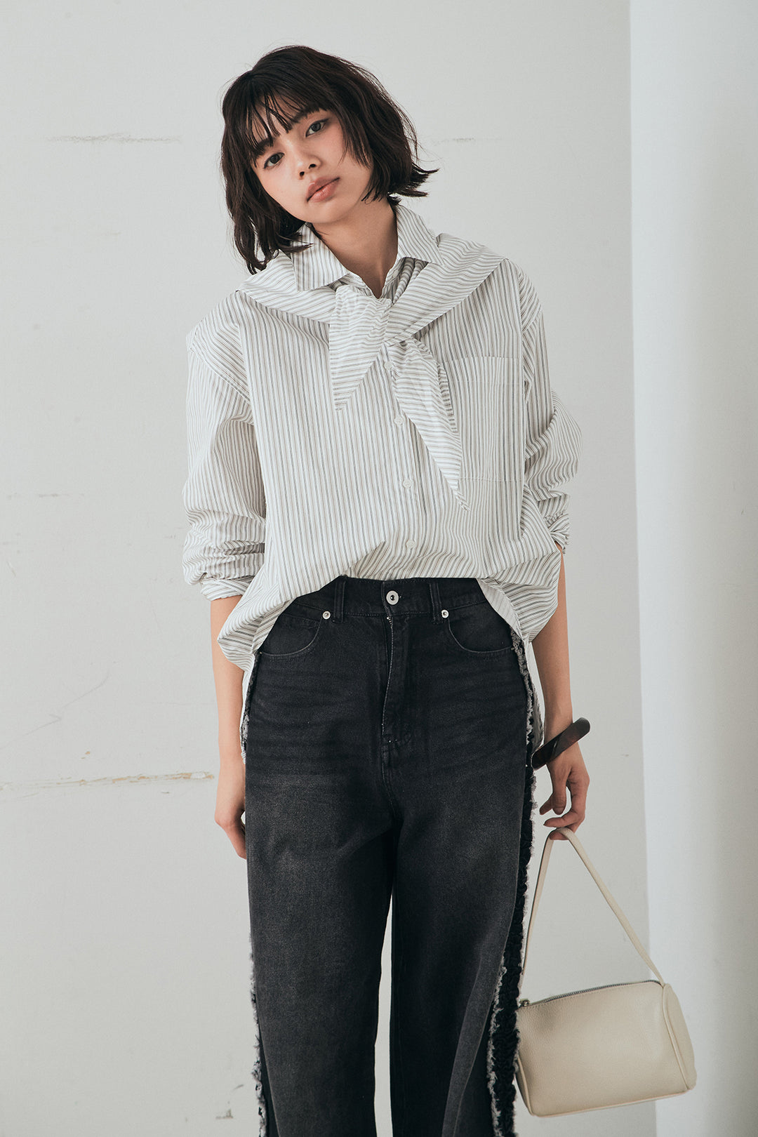 [SET]ランダムストライプスカーフ付きシャツ+デニムサイドフリルパンツ(2set)