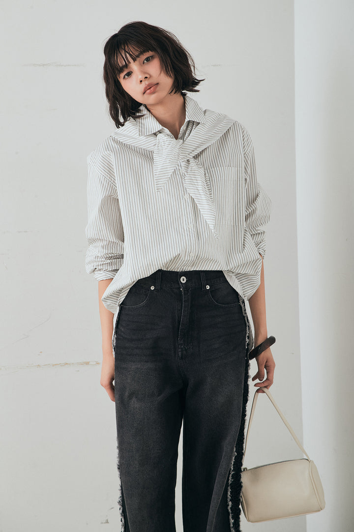 [SET]ランダムストライプスカーフ付きシャツ+デニムサイドフリルパンツ(2set)
