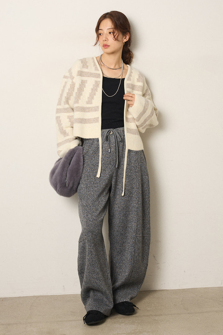 [SET]幾何学柄ノーカラーカーディガン+杢ニットフレアパンツ(2set)