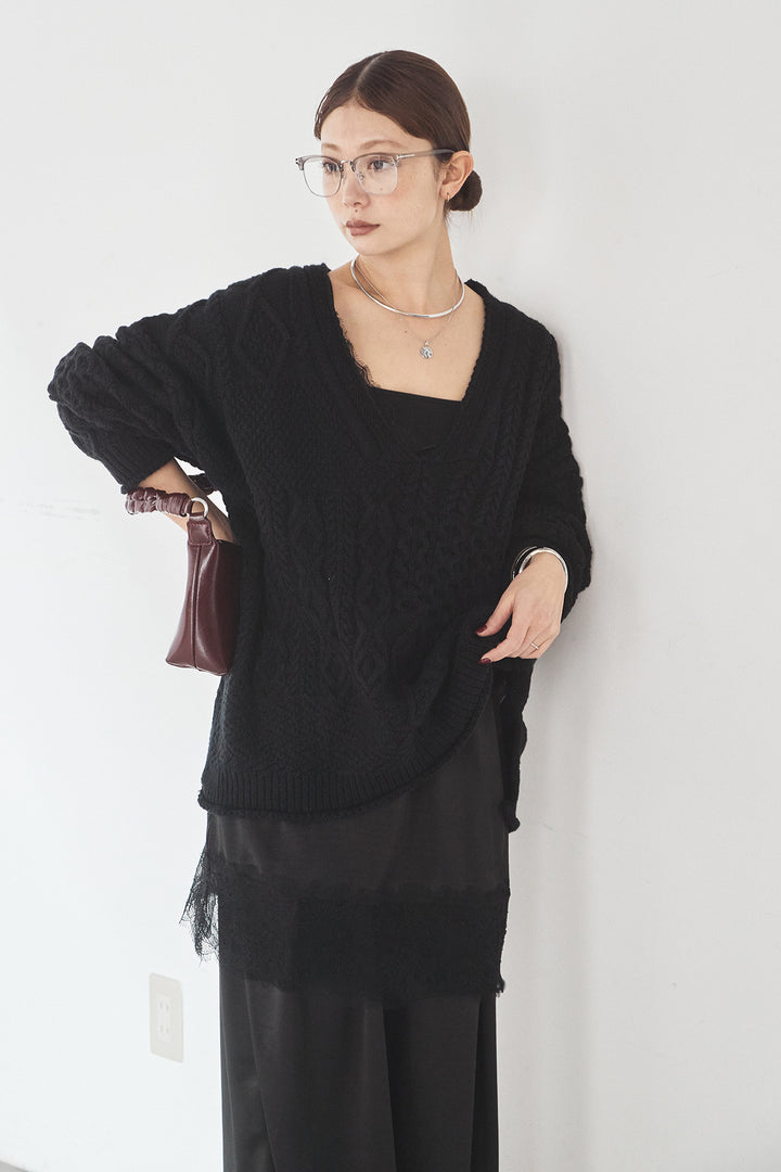 [SET]ケーブルVニットセーター+サテンタックワイドパンツ(2set)