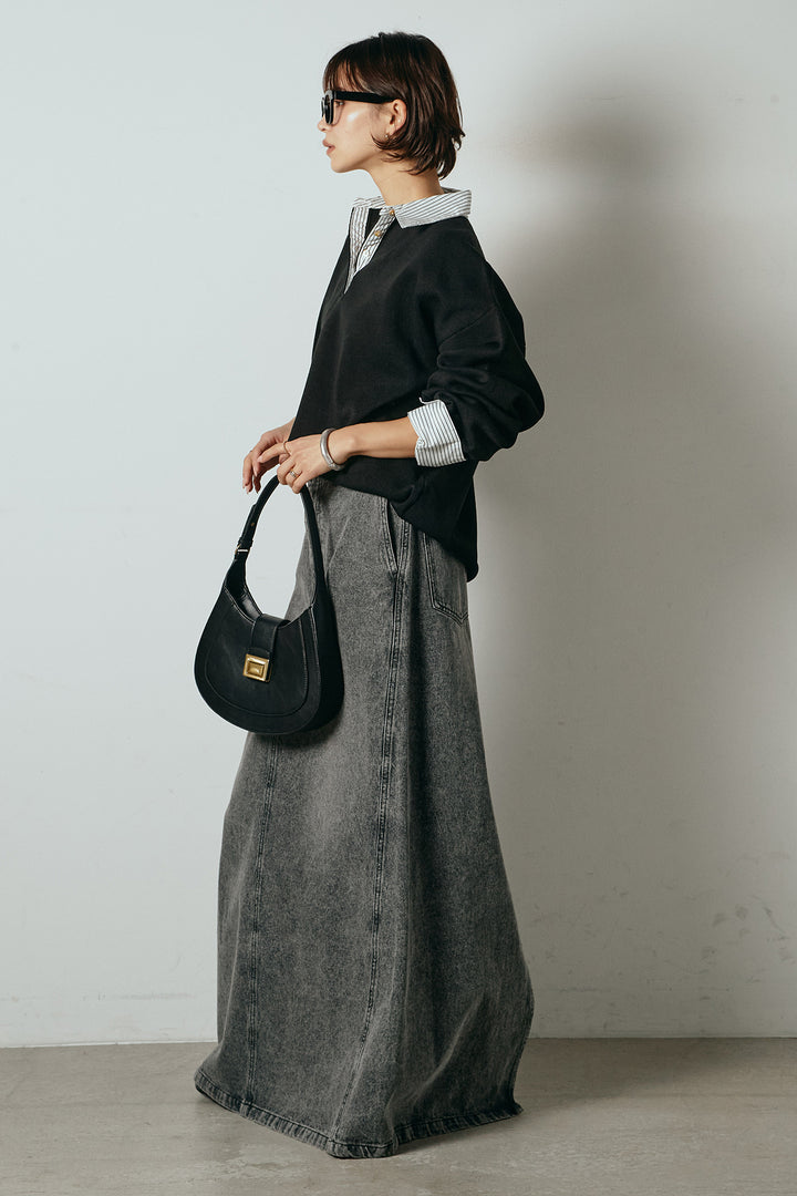 [SET]ストライプシャツドッキングポロトップス+デニムロングフレアスカート(2set)