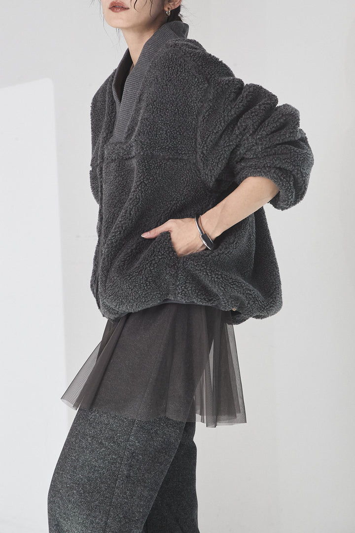 [SET]ノーカラーリブボアアウター+チュールレイヤードニットパンツ(2set)