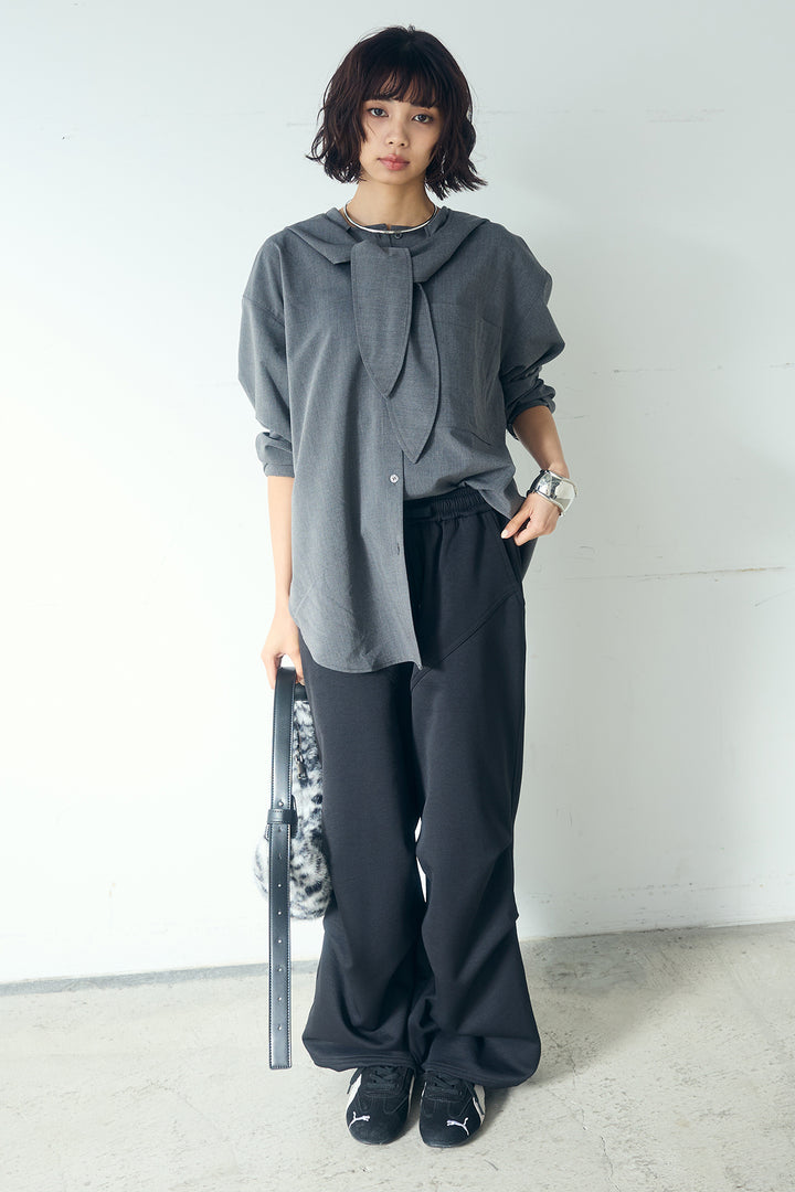 [SET]無地タイ付フーディーBIGシャツ+ランダムタックデザインワイドパンツ(2set)
