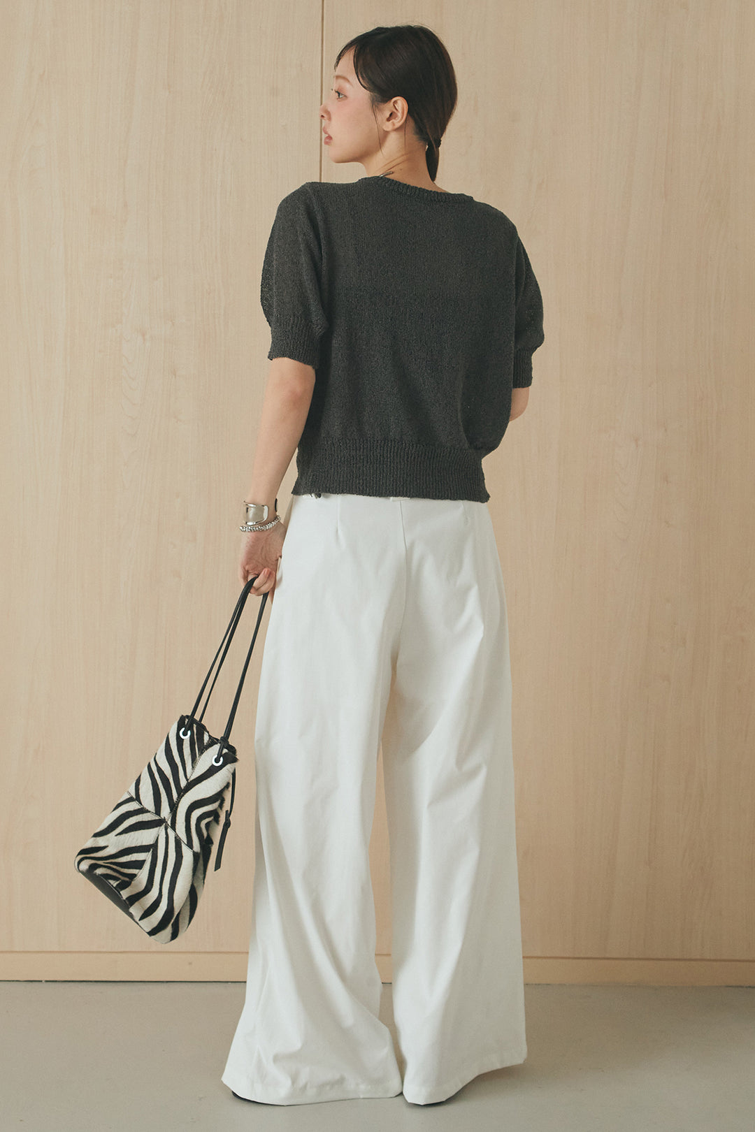 [SET]フロントテープデザイン半袖カーディガン+ベルトループデザインハイウエストタックパンツ(2set)