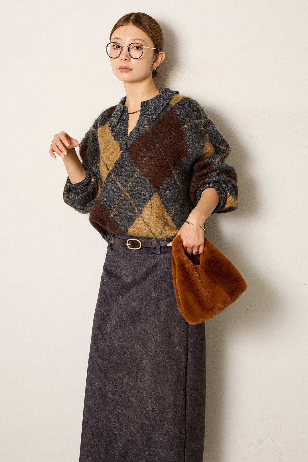 [SET]アクリルモヘアアーガイルキーネックプルオーバー+ロープベルト付きスウェード調スカート(2set)