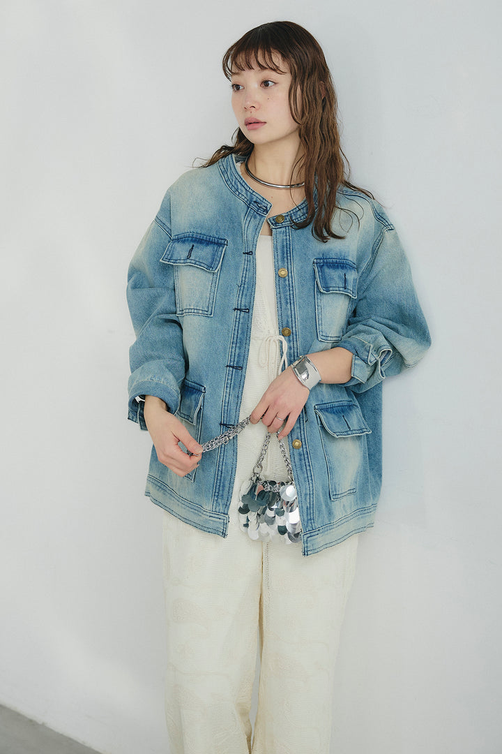 [SET]ノーカラーデニムポケットジャケット+レースサロペット(2set)