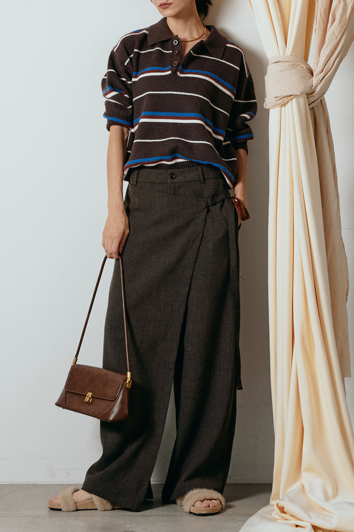 [SET]襟付きマルチボーダーニットポロトップス+ラップ巻きワイドスラックス(2set)