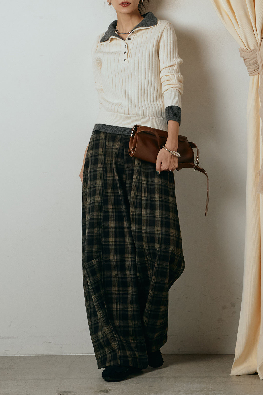 [SET]レイヤード風リブニットトップス+ベルト付きタータンチェックカーブワイドパンツ(2set)