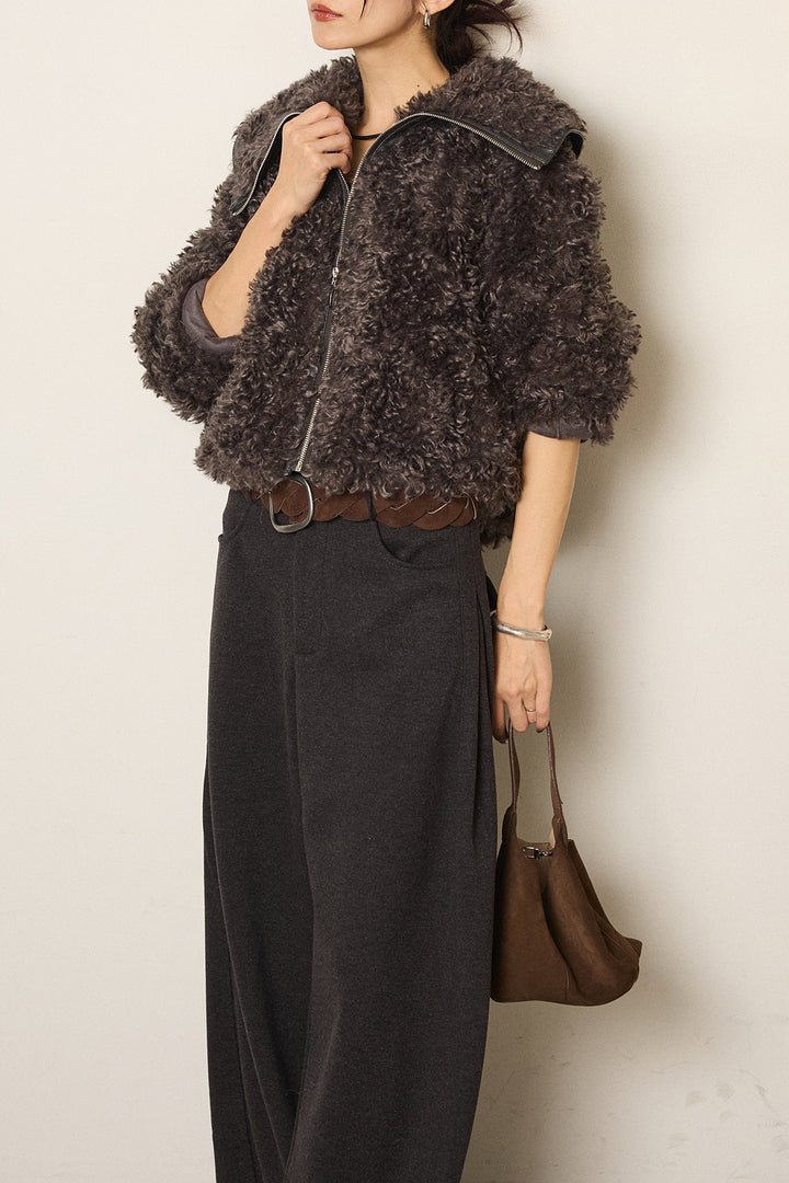 [SET]ビッグカラープードルボアアウター+編みベルト付きワイドパンツ(2set)