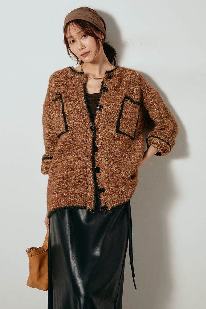 [SET]ミックスニットポケットカーディガン+紐付きフェイクレザーワイドスカート(2set)