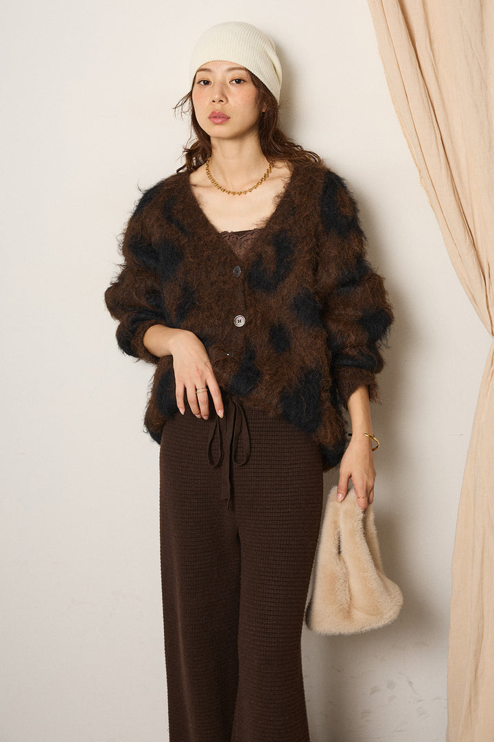 [SET]レオパードシャギータッチカーディガン+ワイドリブニットイージーパンツ(2set)