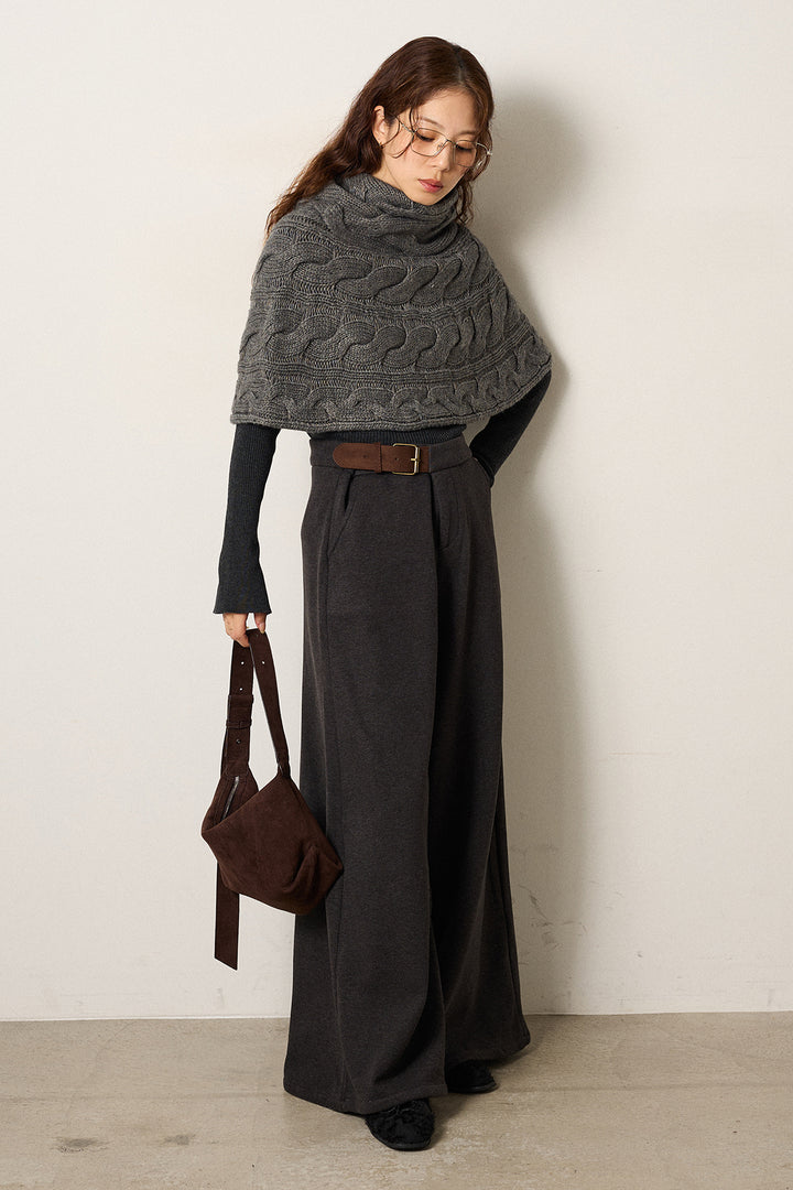 [SET]ケーブル編みケープレイヤードニット+サイドベルトパンツ(2set)
