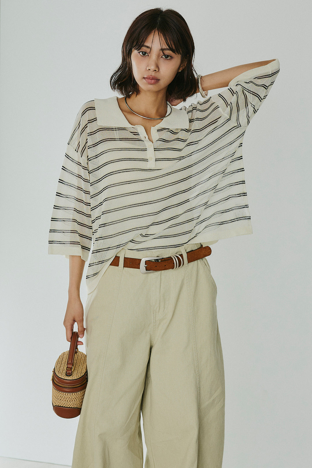 [SET]ボーダーニットポロシャツ+サイドベルトカーブワイドパンツ(2set)