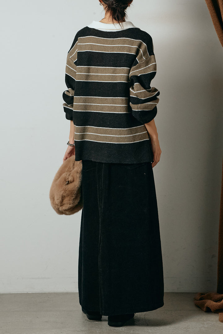 [SET]ラガーニットボーダーポロプルオーバー+ポーチベルト付きコーデュロイワイドスカート(2set)