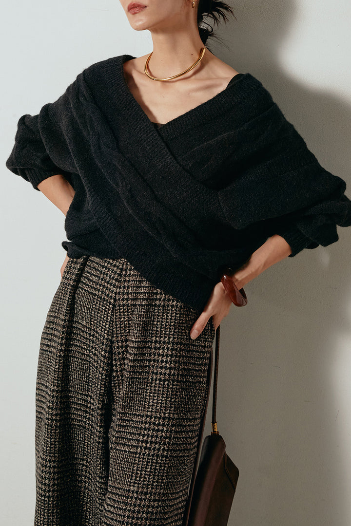 [SET]ケーブルカシュクールニットトップス+前後2wayグレンチェック柄スカーチョサロペット(2set)