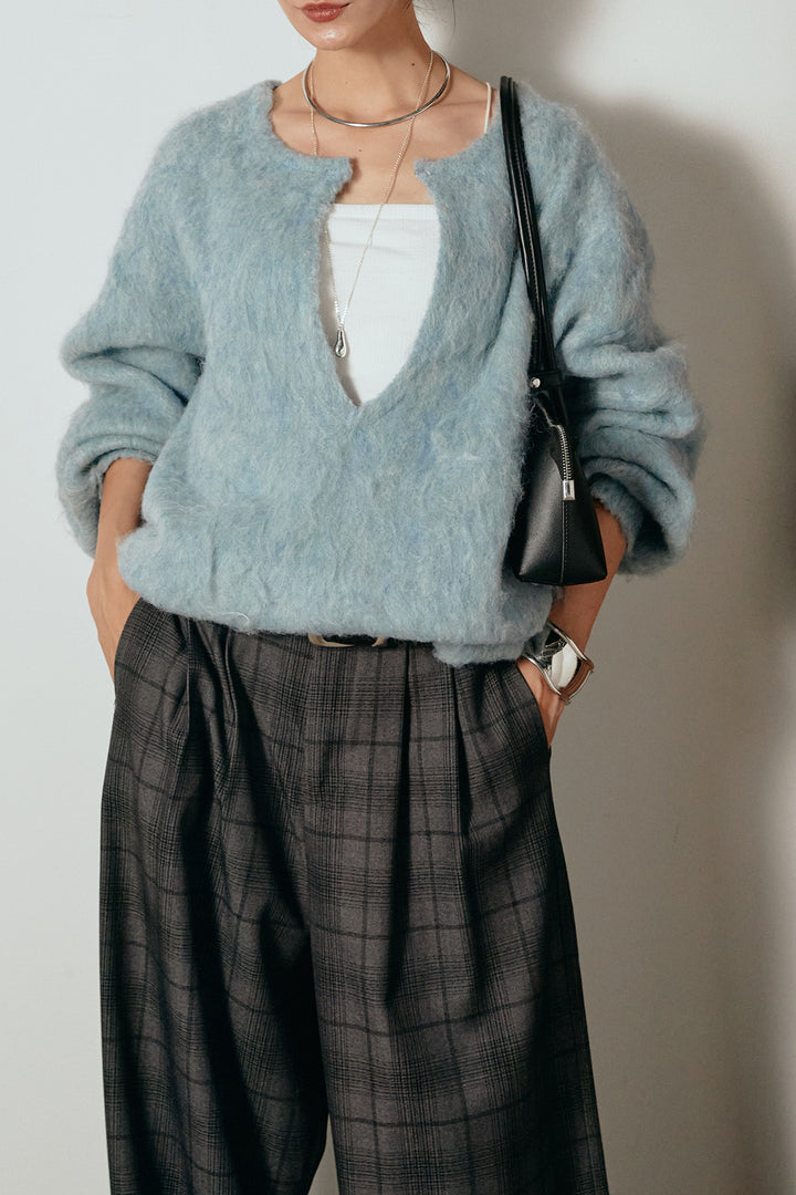 [SET]ミックスシャギー深Vニット+タック入りタータンチェックワイドパンツ(2set)