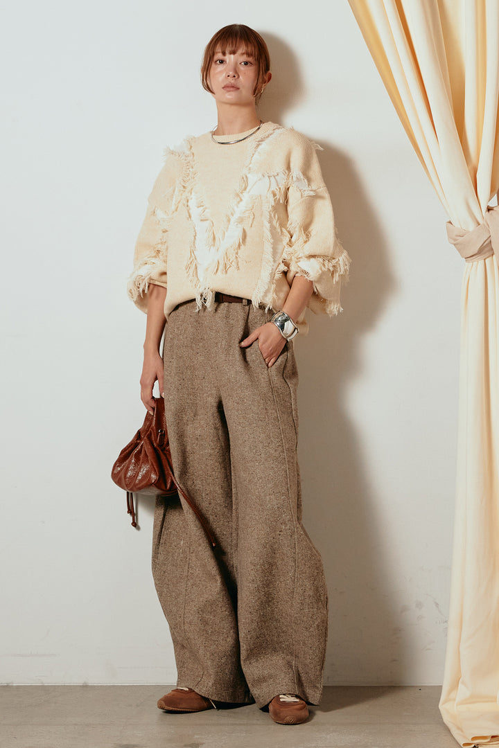 [SET]シャギージャガードニットトップス+ベルト付きネップツイードカーブパンツ(2set)