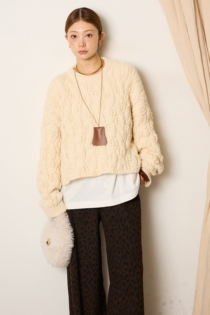[SET]ケーブルリラックスショートニット+箔プリントBIGシルエットロングスリーブTシャツ+レオパードジャガードニットパンツ(3set)