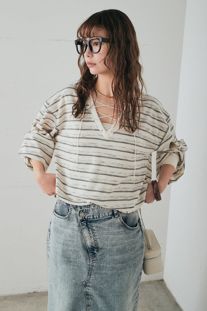 [SET]レースアップワッフルボーダートップス+ウエストクロスデニムタイトスカート(2set)