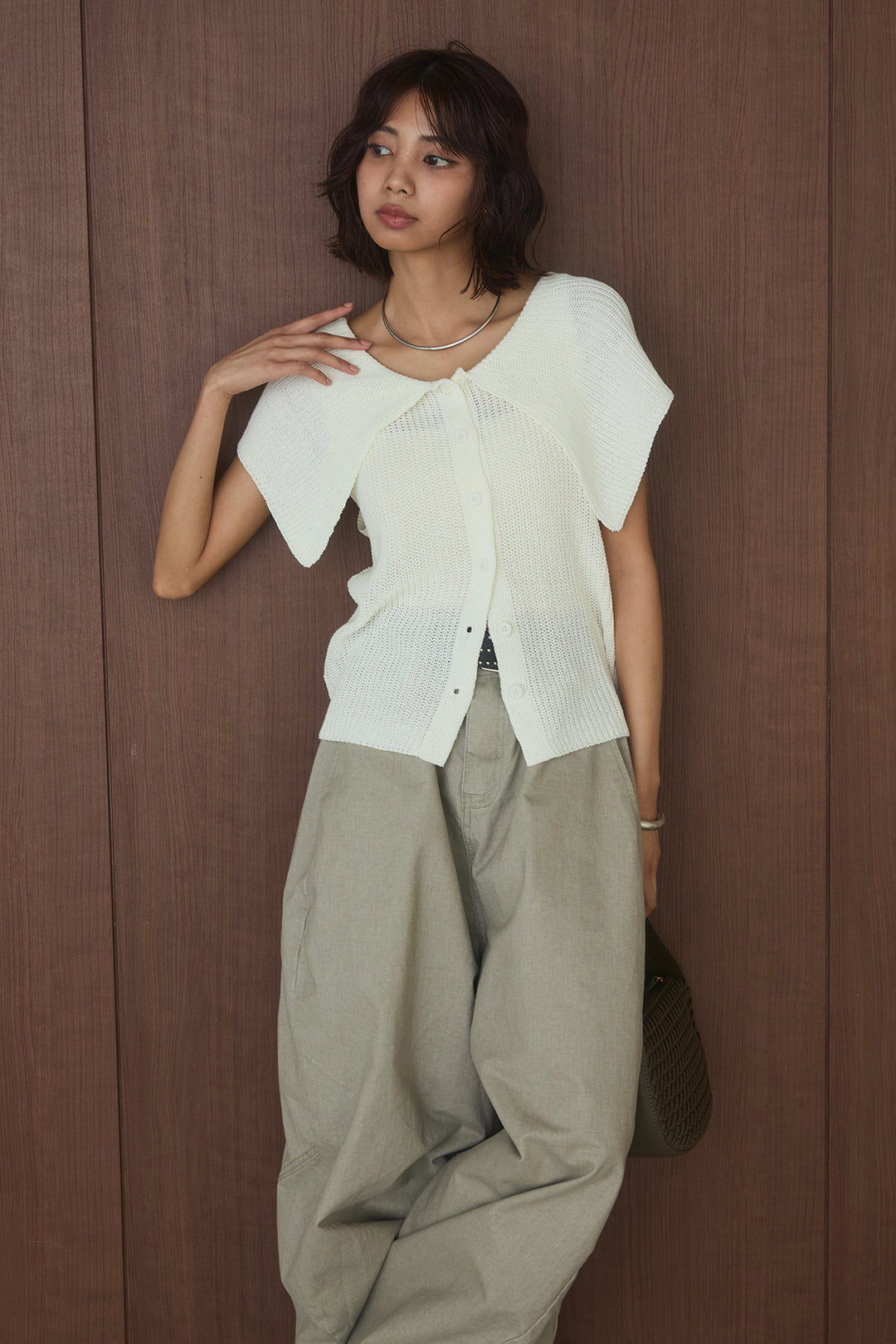 [SET]ビッグカラーボタンニットトップス+ベルト付きカラーデニムパンツ(2set)