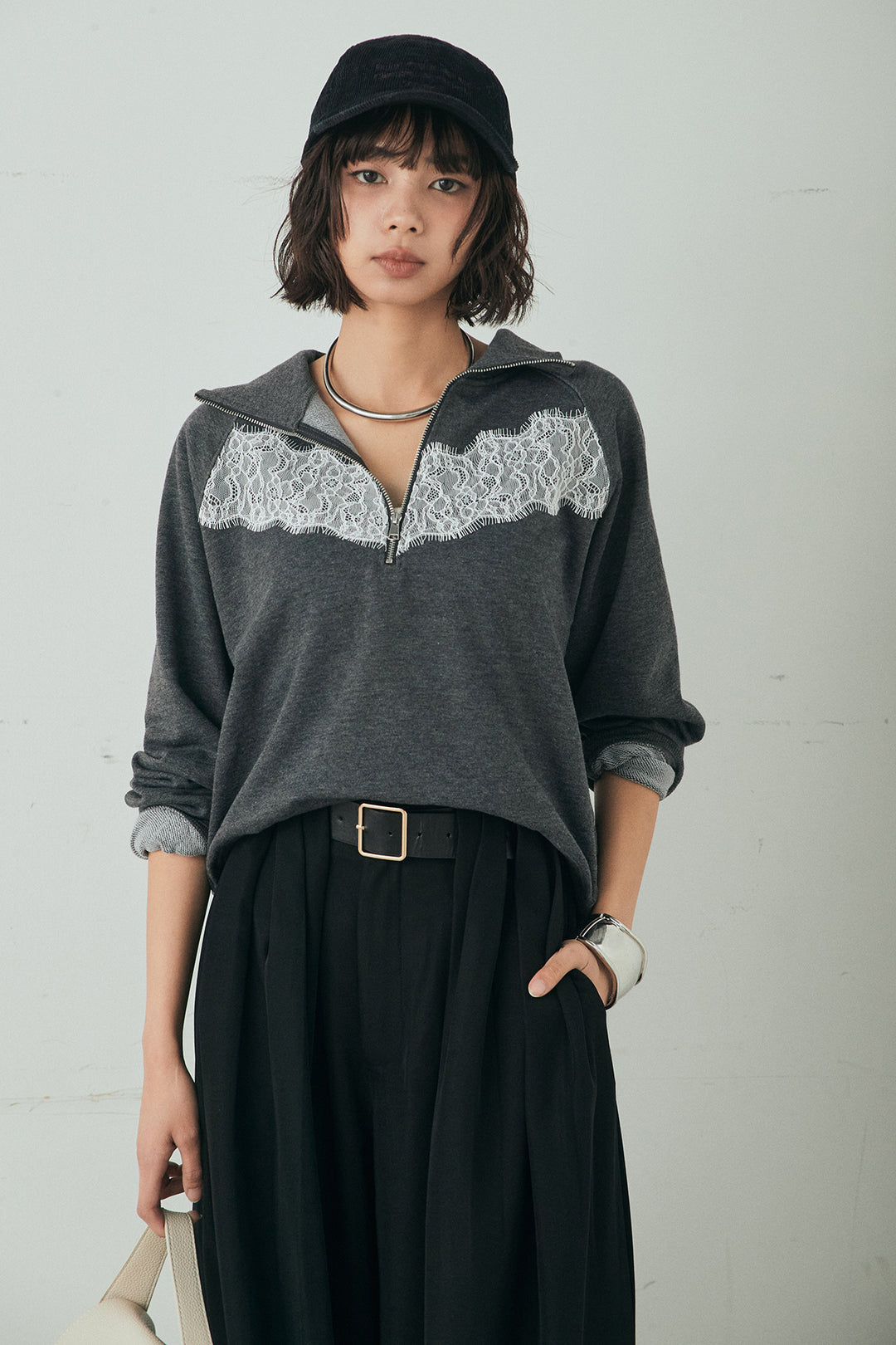 [SET]リバーレースハーフジップ裏毛スウェット+ベルト付きタックデザインハイウエストロングパンツ(2set)